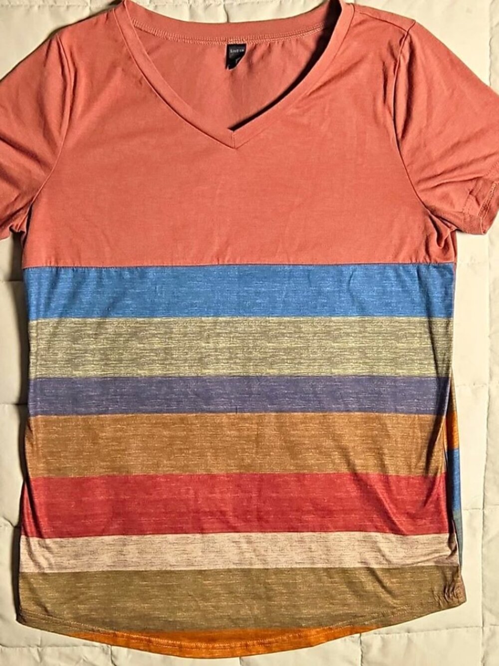 SHEIN Women's Striped V-Neck Tee – Pink Multi, Size M